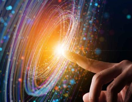 Big Data concept. Digital neural network.Business woman hand touching Introduction of artificial intelligence. Cyberspace of future.Science and innovation of technology.